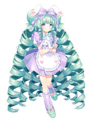 Rule 34 | 1girl, animal ears, animal slippers, blue eyes, borrowed character, bow, bunny slippers, chitetan, collared shirt, commentary request, drill hair, frilled bow, frills, full body, green footwear, green hair, hair bow, kneehighs, long hair, hugging object, original, pleated skirt, puffy short sleeves, puffy sleeves, purple bow, purple skirt, purple socks, rabbit ears, ribbed legwear, shirt, short sleeves, sidelocks, simple background, skirt, slippers, socks, solo, standing, stuffed animal, stuffed rabbit, stuffed toy, very long hair, white background, white shirt