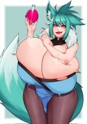 Rule 34 | 1girl, animal ears, bare shoulders, breasts, bursting breasts, cleavage, fang, female focus, fox ears, fox girl, fox tail, gigantic breasts, green background, green hair, holding, looking at viewer, motion lines, open mouth, pantyhose, potion, red eyes, shiny skin, solo, strongmoist, tail, thick thighs, thighs