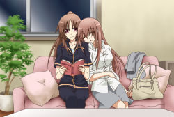 Rule 34 | 10s, 2girls, aged up, alternate hairstyle, atarashi ako, blue skirt, blush, book, breasts, brown eyes, brown hair, closed eyes, couch, dress shirt, formal, gke1avg, glass, head on another&#039;s shoulder, indoors, jacket, leaning on person, long hair, long skirt, multiple girls, open book, pencil skirt, pillow, plant, ponytail, potted plant, reading, saki, saki (manga), saki achiga-hen, shirt, sitting, skirt, skirt suit, sleeping, sleeping on person, sleeping upright, smile, suit, takakamo shizuno, window, yuri