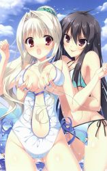 Rule 34 | 10s, 2girls, absurdres, ahoge, bikini, black hair, blue sky, blush, grabbing another&#039;s breast, breasts, breasts squeezed together, cloud, collarbone, da capo, da capo iii, female focus, gojouin tomoe, grabbing, grey hair, highres, in water, long hair, looking at viewer, midriff, multiple girls, navel, ocean, open mouth, pink eyes, ponytail, purple eyes, sky, surprised, swimsuit, tanihara natsuki, wading, water, yoshino charles, yuri