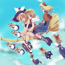 Rule 34 | 2girls, alice margatroid, alternate costume, alternate footwear, apron, bare arms, blonde hair, blue eyes, blue sky, boots, bow, broom, broom riding, capelet, cloud, crop top, cross-laced footwear, day, facing away, gigigio (5315yuina), hair bow, hairband, hat, hat ribbon, head on another&#039;s shoulder, hourai doll, kirisame marisa, knee boots, lolita hairband, looking at viewer, multiple girls, multiple riders, open mouth, ribbon, sash, shanghai doll, shoes, sky, smile, sneakers, touhou, witch hat, yellow eyes