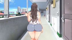 Rule 34 | 1girl, aomizuan, ass, back, backboob, bare arms, bare shoulders, breasts, brown hair, cowboy shot, curvy, door, from behind, highres, huge ass, large breasts, legs, long hair, lucky dosukebe! zenpen, marron marron, motion lines, original, outdoors, plump, short shorts, shorts, sky, sleeveless, solo, standing, thick thighs, thighs, wide hips