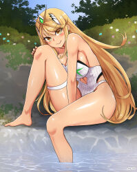 Rule 34 | 1girl, angoha, bare shoulders, blonde hair, blush, breasts, chest jewel, cleavage, day, flower, gem, headpiece, highres, jewelry, large breasts, long hair, looking at viewer, mythra (radiant beach) (xenoblade), mythra (xenoblade), one-piece swimsuit, outdoors, partially submerged, shiny skin, sky, solo, strapless, strapless one-piece swimsuit, swept bangs, swimsuit, tiara, very long hair, water, white one-piece swimsuit, xenoblade chronicles (series), xenoblade chronicles 2, yellow eyes