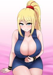 Rule 34 | 1girl, absurdres, blonde hair, blue eyes, breasts, cleavage, highres, huge breasts, large breasts, long hair, metroid, mole, mole under mouth, nintendo, ponytail, samus aran, the only shoe, zipper, zipper pull tab
