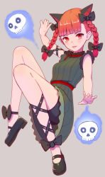 Rule 34 | 1girl, animal ears, black bow, black dress, black footwear, bow, braid, cat ears, dress, full body, green dress, grey background, hair bow, highres, kaenbyou rin, leg ribbon, looking at viewer, mary janes, no tail, red eyes, red hair, resolution mismatch, ribbon, shoes, skull, sleeveless, sleeveless dress, solo, source smaller, touhou, tsukebo, twin braids