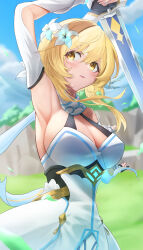 Rule 34 | 1girl, absurdres, alternate breast size, armpits, arms up, bare shoulders, blonde hair, blue sky, breasts, cleavage, cloud, day, dress, flower, genshin impact, hair flower, hair ornament, highres, kinoyama (0202), large breasts, looking at viewer, lumine (genshin impact), sidelocks, sky, sleeveless, sleeveless dress, solo, sword, upper body, weapon, white dress, white flower, yellow eyes