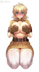 Rule 34 | 1girl, absurdres, belt, blonde hair, blue eyes, blush, breast press, breasts, closed mouth, covering privates, covering breasts, female focus, gloves, hellsing, highres, iwbitu, kneeling, large breasts, looking at viewer, medium hair, open clothes, police, police uniform, policewoman, seras victoria, simple background, solo, tagme, topless, uniform, vampire, white background, white legwear