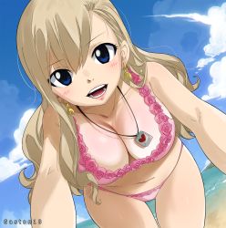 Rule 34 | 1girl, beach, beath, bikini, blonde hair, blue eyes, blue sky, breasts, cleavage, cloud, colorized, earrings, eden&#039;s zero, gaston18, highres, jewelry, large breasts, long hair, looking at viewer, mashima hiro, navel, necklace, ocean, open mouth, outdoors, pink bikini, rebecca bluegarden, sky, smile, solo, standing, swimsuit, tagme, teeth, thigh gap, water