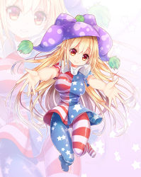 Rule 34 | 1girl, american flag dress, american flag legwear, blonde hair, breasts, closed eyes, clownpiece, curvy, dress, foreshortening, full body, hat, head tilt, hip focus, incoming hug, jester cap, long hair, looking at viewer, medium breasts, neck ruff, outstretched arms, pantyhose, pointy ears, polka dot, reaching, reaching towards viewer, red eyes, short dress, short sleeves, smile, solo, star (symbol), star print, striped clothes, striped pantyhose, thigh gap, thighs, touhou, z.o.b, zoom layer