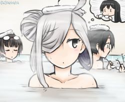 Rule 34 | 10s, 3 3, 3girls, ahoge, asashimo (kancolle), bathhouse, bathing, black hair, choukai (kancolle), commentary, dated, closed eyes, eyewear on head, unworn eyewear, glasses, hair over one eye, hamu koutarou, holding, holding removed eyewear, imagining, kantai collection, long hair, looking to the side, multiple girls, nude, ooyodo (kancolle), opaque glasses, partially submerged, silver hair, simple background, steam, towel, towel on head