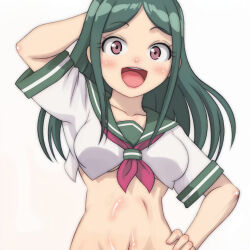 Rule 34 | 1girl, :d, arm behind head, blush, breasts, brown eyes, crop top, green hair, hand on own hip, hand up, long hair, looking at viewer, lv1 maou to one room yuusha, maou (lv1 maou to one room yuusha), medium breasts, navel, neckerchief, open mouth, red neckerchief, shirt, short sleeves, simple background, smile, solo, t jiroo (ringofriend), white background, white shirt