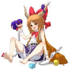 Rule 34 | 1girl, absurdres, bare shoulders, barefoot, belt, bloomers, blush, bow, brown eyes, chain, drunk, feet, female focus, full body, gourd, hair bow, highres, horns, ibuki suika, long hair, matching hair/eyes, open mouth, orange eyes, orange hair, paprika (artist), ribbon, simple background, sitting, solo, squinting, touhou, transparent background, underwear, uneven eyes, very long hair