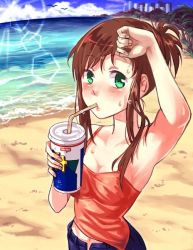 Rule 34 | 1girl, arm up, armpits, beach, blush, breasts, brown hair, building, city, cleavage, commentary request, cross, cup, day, denim, drinking, drinking straw, green eyes, jeans, long hair, looking at viewer, medium breasts, navel, ocean, open fly, outdoors, pants, solo, sophia esteed, star ocean, star ocean till the end of time, sun, sweat, tank top, tree, upper body