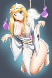 Rule 34 | 1girl, absurdres, barefoot, blonde hair, blue eyes, blush, breasts, cleavage, closed mouth, earrings, full body, fullmetal alchemist, grey background, highres, huge filesize, japanese clothes, jewelry, kimmy77, kimono, kneeling, large breasts, long hair, looking at viewer, open clothes, open kimono, side slit, smile, solo, swept bangs, white kimono, winry rockbell