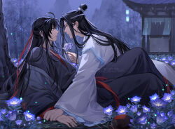 Rule 34 | 2boys, ahoge, architecture, artist name, bamboo, between breasts, bishounen, black hair, black robe, breasts, brown eyes, chinese clothes, closed mouth, commentary request, east asian architecture, eye contact, flower, hair bun, hair ornament, hair ribbon, hanfu, headband, holding, holding flower, jar, lan wangji, lantern, long hair, long sleeves, looking at another, male focus, modao zushi, mountain, multiple boys, night, on ground, outdoors, parted bangs, parted lips, profile, purple flower, reclining, red ribbon, ribbon, robe, sidelocks, single hair bun, twitter username, usagishi, very long hair, watermark, wei wuxian, white headband, white robe, wide sleeves, xiao guan (headdress), yaoi, yellow eyes