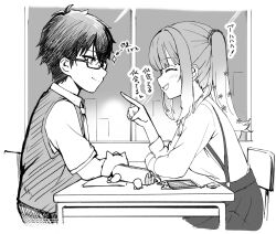 Rule 34 | 1boy, 1girl, ^ ^, arm on table, bespectacled, black hair, blunt bangs, blush, closed eyes, closed mouth, commentary request, desk, facing another, flower, from side, glasses, gradient hair, gyaru, hair flower, hair ornament, hand up, hetero, highres, index finger raised, kogal, kohibari kurumi, laughing, long hair, long sleeves, looking at another, monochrome, multicolored hair, open mouth, pointing, pointing at another, profile, school desk, school uniform, shirt, short hair, sitting, sketch, skirt, smile, smug, sparkle, suspender skirt, suspenders, tanikaze riku, tenshi souzou re-boot!, tft (tft7822), translated, tsurime, twintails, upper body, window