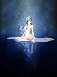 Rule 34 | 1girl, absurdres, barefoot, between legs, breasts, brown eyes, cleavage, collarbone, full body, green hair, h2 (h20000000), hair between eyes, hand between legs, highres, kantai collection, long hair, looking at viewer, medium breasts, naked shirt, navel, open clothes, open shirt, reflection, robe, see-through, shirt, sitting, solo, suzuya (kancolle), very long hair, wariza, white shirt