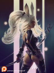 Rule 34 | 00s, animal ears, ass, bow (weapon), dark-skinned female, dark skin, final fantasy, final fantasy xii, fran (ff12), hand on own ass, james wolf, long hair, rabbit ears, revealing clothes, solo, viera, weapon, white hair