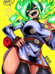 1girl artist_request belt belted_dress black_panties black_thighhighs boku_no_hero_academia breasts burnin_(boku_no_hero_academia) buttons claws clenched_hands crazy_eyes curvy double-breasted dress evil_smile eye_mask eyebrows_visible_through_mask female_focus fiery_hair fire fire_extinguisher garter_straps gradient_hair green_fire green_hair hair_between_eyes hair_ornament hairband hand_on_own_hip hand_up highres jacket kamiji_moe korean_text large_breasts legs long_bangs long_hair long_sleeves looking_afar multicolored_hair neck open_mouth panties ponytail short_dress side_slit sidelocks smile standing suit_jacket thick_thighs thighhighs thighs underwear upskirt v-shaped_eyebrows white_dress wide_ponytail yellow_background yellow_eyes