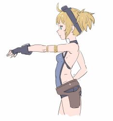 Rule 34 | 10s, 1girl, armlet, bare shoulders, blonde hair, blue eyes, breasts, covered navel, cropped jacket, enkyo yuuichirou, fingerless gloves, gloves, goggles, goggles on head, granblue fantasy, outstretched arm, pengie, profile, short shorts, short twintails, shorts, simple background, small breasts, solo, twintails, white background