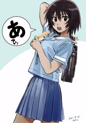 Rule 34 | 1girl, :o, aqua background, arm up, artist name, azumanga daioh&#039;s school uniform, azumanga daiou, bag, black eyes, blue ribbon, blue serafuku, blue shirt, blue skirt, blush, breasts, brown bag, brown hair, circle, commentary, cowboy shot, dark-skinned female, dark skin, dated, food, from side, hair between eyes, highres, kagura (azumanga daioh), large breasts, long bangs, looking at viewer, looking to the side, marker (medium), nabeta (currynabe), neck ribbon, open mouth, over shoulder, pleated skirt, popsicle, ribbon, sailor collar, school bag, school uniform, serafuku, shirt, short sleeves, signature, skirt, speech bubble, summer uniform, teeth, traditional media, translated, two-tone background, upper teeth only, walking, white background, white sailor collar