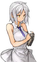 Rule 34 | 1girl, bare shoulders, character request, copyright request, dress, md5 mismatch, necktie, resized, sachito, short hair, simple background, sleeveless, sleeveless dress, solo, white background, white dress, white hair, yellow eyes