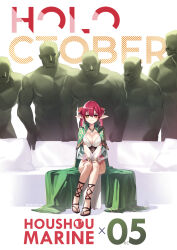 Rule 34 | 1girl, 5boys, absurdres, adarin, breasts, character name, couch, elf, heterochromia, highres, hololive, houshou marine, large breasts, long hair, looking at viewer, meme, multiple boys, muscular, muscular male, orc, piper perri surrounded (meme), pointy ears, sitting, smile, tusks, twintails, virtual youtuber, yellow eyes