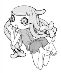 Rule 34 | 1girl, absurdres, ass, barefoot, drooling, eyelashes, feet, from behind, hair ornament, hair scrunchie, harmony (splatoon), highres, looking at viewer, looking back, monochrome, nintendo, o den, open mouth, ringed eyes, scrunchie, shirt, short shorts, short sleeves, shorts, simple background, soles, solo, splatoon (series), splatoon 3, tentacle hair, toes, white background