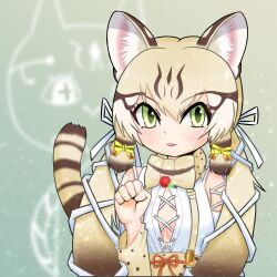 Rule 34 | 1girl, absurdres, animal ears, bow, bowtie, cat ears, cat girl, cat tail, equalarrow, extra ears, geoffroy&#039;s cat (kemono friends), green eyes, grey background, grey hair, highres, kemono friends, kemono friends v project, long hair, looking at viewer, microphone, ribbon, shirt, simple background, skirt, solo, suspenders, tail, twintails, upper body, virtual youtuber