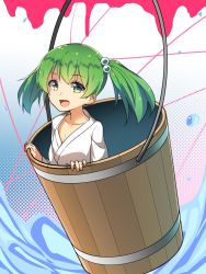 Rule 34 | 1girl, bucket, collarbone, flat chest, green eyes, green hair, hair bobbles, hair ornament, halftone, halftone background, highres, in bucket, in container, japanese clothes, kimono, kisume, long hair, long sleeves, looking at viewer, matching hair/eyes, ninnzinn, short hair, solo, splashing, tareme, touhou, water, wooden bucket