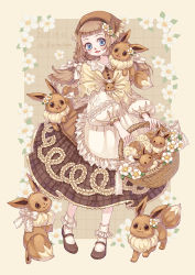 Rule 34 | 1girl, :3, blue eyes, brown eyes, brown hair, closed mouth, commentary, creature, creatures (company), dated, eevee, english commentary, flower, full body, game freak, gen 1 pokemon, hair flower, hair ornament, highres, long hair, matchaneko, nintendo, on shoulder, original, pokemon, pokemon (creature), pokemon on shoulder
