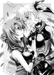 Rule 34 | 2girls, age difference, blush, breasts, couple, eye contact, grabbing another&#039;s chin, greyscale, hand on another&#039;s chin, happy, height difference, highres, long hair, looking at another, lyrical nanoha, magical girl, mahou shoujo lyrical nanoha, mahou shoujo lyrical nanoha vivid, monochrome, multiple girls, aged up, san-pon, side ponytail, simple background, smile, vivid strike!, vivio, yagami hayate, yuri