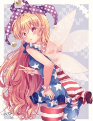 Rule 34 | 1girl, :o, american flag dress, american flag legwear, ass, bare arms, bare shoulders, blonde hair, blue dress, blue pantyhose, blush, border, chestnut mouth, clownpiece, commentary request, dress, fairy wings, from behind, grey background, hair between eyes, hat, highres, jester cap, kemo chiharu, long hair, looking at viewer, looking back, neck ruff, outside border, pantyhose, parted lips, pointy ears, polka dot, polka dot headwear, purple hat, red dress, red eyes, red pantyhose, scrunchie, short dress, sleeveless, sleeveless dress, solo, star-shaped pupils, star (symbol), striped clothes, striped dress, striped pantyhose, symbol-shaped pupils, thighs, touhou, unmoving pattern, v, very long hair, white border, white dress, white pantyhose, wings, wrist cuffs, wrist scrunchie