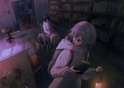 Rule 34 | 2girls, absurdres, backpack, bag, black hair, book, bookshelf, brown footwear, candle, closed mouth, coat, cushion, full body, grey hair, highres, holding, holding book, holding lantern, hood, hood down, indoors, lantern, multiple girls, original, red carpet, shi wo 3, shoes, sitting, table, tile floor, tiles, wheelchair, white coat, window, wooden chair, wooden table