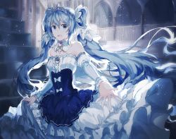 Rule 34 | 1girl, :d, bad id, bad pixiv id, bare shoulders, blue eyes, blue hair, bow, commentary request, detached collar, dress, frilled dress, frills, hatsune miku, highres, indoors, jewelry, light particles, long dress, long hair, long sleeves, looking at viewer, migolu, open mouth, outstretched arm, skirt hold, smile, stairs, standing, twintails, very long hair, vocaloid, yuki miku