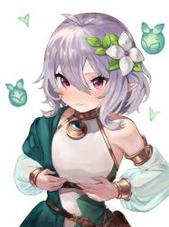 Rule 34 | 1girl, :3, antenna hair, bare shoulders, blue sleeves, blush, breasts, closed mouth, commentary request, detached sleeves, dress, eyebrows hidden by hair, flower, greentanuki, hair between eyes, hair flower, hair ornament, highres, kokkoro (princess connect!), long sleeves, looking at viewer, pointy ears, princess connect!, puffy long sleeves, puffy sleeves, red eyes, see-through, see-through sleeves, simple background, sleeveless, sleeveless dress, small breasts, solo, upper body, white background, white dress, white flower