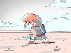 Rule 34 | 1boy, 3d, animated, animated gif, belt, boots, brown footwear, cloud, cloudy sky, commentary, emma koch, english commentary, green tunic, holding, holding shield, holding sword, holding weapon, hotdiggedydemon, link, looping animation, nintendo, outdoors, pants, red hair, shield, sidelocks, sky, solo, standing, sword, the legend of zelda, toriyama akira (style), v-shaped eyebrows, weapon, white pants