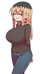 Rule 34 | 1girl, :d, arms behind back, black hair, black shirt, blonde hair, blush, breasts, brown hair, closed eyes, denim, highres, jeans, kinjo no hito no nakimushi, large breasts, long sleeves, multicolored hair, ochiai (kinjo no hito no nakimushi), open mouth, pants, shirt, simple background, smile, two-tone hair, white background, zyugoya