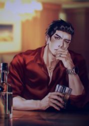 Rule 34 | &gt; o, 1boy, alcohol, blurry, blurry background, bottle, closed mouth, covering own mouth, cup, drinking glass, elbow rest, elbows on table, hand on own cheek, hand on own face, hand over own mouth, highres, holding, holding cup, jewelry, kiryu kazuma, looking at viewer, male focus, mogumogu (563chan), one eye closed, red shirt, ring, ryuu ga gotoku (series), shirt, sideburns, sitting, solo, table, upper body, watch, wine bottle, wristwatch
