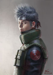 Rule 34 | 1boy, artist name, forehead protector, from side, hatake kakashi, headband, image sample, in-hyuk lee, konohagakure symbol, looking at viewer, male focus, mask, unworn mask, naruto, naruto (series), realistic, red eyes, scar, scar across eye, scar on face, signature, silver hair, solo, upper body, vest
