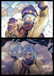 Rule 34 | 1boy, 2koma, :d, absurdres, altaria, aqua hair, arm up, beanie, blue headwear, blue mittens, breath, character print, closed eyes, comic, commentary request, confetti, creatures (company), eyelashes, game freak, gen 3 pokemon, gerichan, goggles, goggles on headwear, grusha (pokemon), hat, highres, holding, jacket, long hair, male focus, mittens, nintendo, open mouth, pokemon, pokemon sv, scarf, smile, snowboard, striped clothes, striped scarf, swablu, teeth, tongue, upper body, yellow jacket