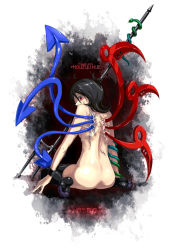 Rule 34 | 1girl, ass, back, black hair, black thighhighs, female focus, gradient background, houjuu nue, looking back, nude, oso (toolate), polearm, red eyes, short hair, sitting, snake, solo, spear, thighhighs, touhou, trident, weapon, white background, wings