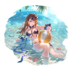 Rule 34 | 1girl, alpha transparency, ball, bare shoulders, beachball, beatrix (granblue fantasy), bikini, blue bikini, blue ribbon, blush, breasts, brown eyes, brown hair, cleavage, day, eyewear on head, frilled bikini, frills, fur trim, granblue fantasy, hair ribbon, large breasts, long hair, looking at viewer, minaba hideo, navel, official art, one eye closed, open mouth, outdoors, partially submerged, ribbon, smile, solo, starfish, sunglasses, swimsuit, transparent background, water, wet, wet hair, wrist cuffs