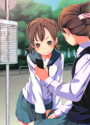 Rule 34 | 2girls, absurdres, blush, brown eyes, brown hair, bus stop, cellphone, eye reflection, hair ornament, highres, holding, looking at another, multiple girls, original, phone, reflection, scan, school uniform, short hair, sign, skirt, smartphone, smile, sody, sweater vest