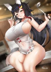 Rule 34 | 1girl, animal ears, apron, artist name, black hair, blush, breasts, corset, covered navel, glasses, hair ornament, hairclip, highres, holding, holding removed eyewear, hololive, huge breasts, ladle, long hair, looking at viewer, multicolored hair, naked apron, on table, ookami mio, patreon logo, pixiv logo, pixiv username, red hair, sideboob, sidelocks, signature, sitting, solo, steaming body, sweat, table, tail, thick thighs, thighs, tnolize, unworn eyewear, virtual youtuber, white apron, wolf ears, wolf girl, wolf tail, yellow eyes