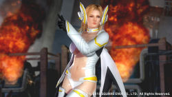 Rule 34 | 1girl, 3d, blonde hair, breasts, dead or alive, dead or alive 5, female focus, fire, highres, large breasts, official art, one eye closed, smile, solo, tina armstrong, wink