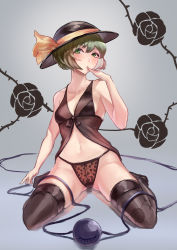 Rule 34 | 1girl, amano hagoromo, babydoll, bare arms, bare shoulders, black flower, black hat, black rose, black thighhighs, blush, breasts, cleavage, collarbone, commentary, flower, gradient background, green eyes, green hair, grey background, hand up, hat, hat ribbon, highres, komeiji koishi, lingerie, looking at viewer, navel, no shoes, panties, ribbon, rose, short hair, sitting, small breasts, solo, stomach, thighhighs, thighs, third eye, thorns, touhou, underwear, wariza, yellow ribbon