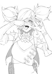 Rule 34 | 1girl, bandages, braid, breasts, cleavage, detached sleeves, fingernails, genshin impact, greyscale, hair ornament, highres, jewelry, joehongtee, medium breasts, midriff, monochrome, multicolored hair, navel, open clothes, open mouth, ring, sharp teeth, simple background, sketch, smile, solo, spikes, stomach, teeth, tongue, tongue out, twintails, two-tone hair, upper body, white background, xinyan (genshin impact)