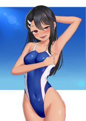 Rule 34 | 1girl, absurdres, arm behind head, armpits, black hair, blue one-piece swimsuit, blush, brown eyes, competition swimsuit, cowboy shot, dark-skinned female, dark skin, earclip, earrings, female focus, hair ornament, hairclip, hand up, highleg, highleg swimsuit, highres, ijiranaide nagatoro-san, jewelry, long hair, looking at viewer, nagatoro hayase, nose blush, one-piece swimsuit, open mouth, parted bangs, pointing, shinalpha, sidelocks, simple background, smile, solo, swimsuit, tan, white background