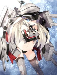 Rule 34 | 10s, 1girl, bismarck (kancolle), black panties, blonde hair, blue eyes, breasts, brown gloves, cannon, detached sleeves, gloves, grey eyes, grey thighhighs, hat, highres, kantai collection, large breasts, long hair, looking at viewer, panties, peaked cap, personification, saru, solo, thighhighs, torn clothes, underwear